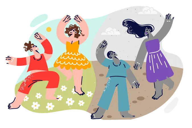 Les hommes et les femmes qui dansent éprouvent des émotions différentes dans une discothèque en plein air sur la pelouse  Illustration
