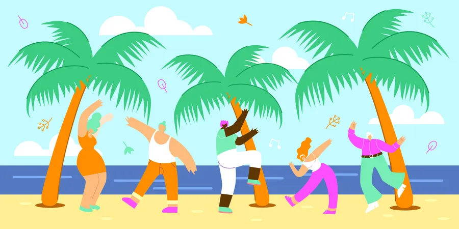 Les hommes et les femmes passent du temps ensemble sur la plage tropicale  Illustration