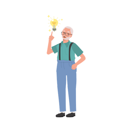 Les hommes seniors ont une nouvelle idée brillante avec une ampoule.  Illustration