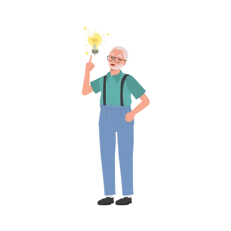 Les hommes seniors ont une nouvelle idée brillante avec une ampoule.  Illustration