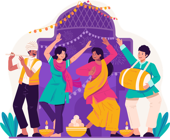 Indiens en vêtements traditionnels dansant pour célébrer Diwali  Illustration
