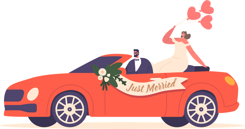 Les jeunes mariés conduisent une voiture décorée  Illustration
