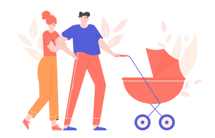 Les jeunes parents marchent avec une poussette  Illustration
