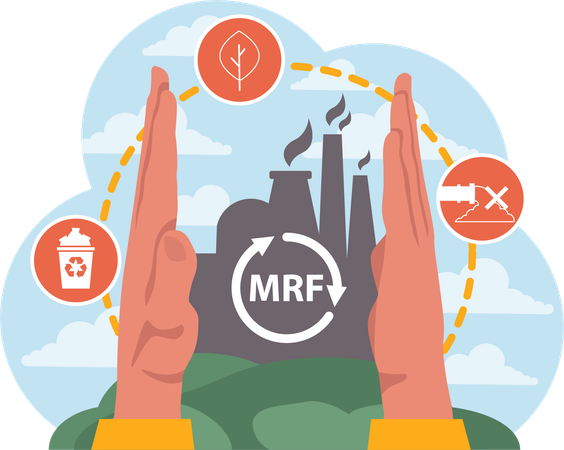 Des mains encerclent une usine MRF  Illustration