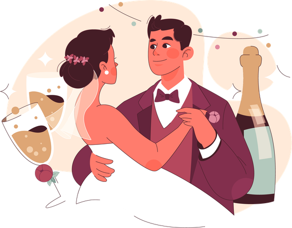 Les mariés font une danse de mariage avec du champagne  Illustration
