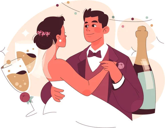 Les mariés font une danse de mariage avec du champagne  Illustration