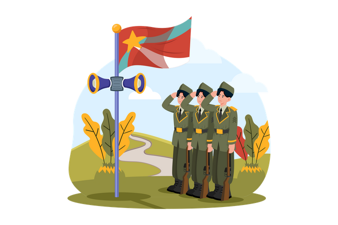 Des membres des forces armées participent aux cérémonies de lever du drapeau  Illustration