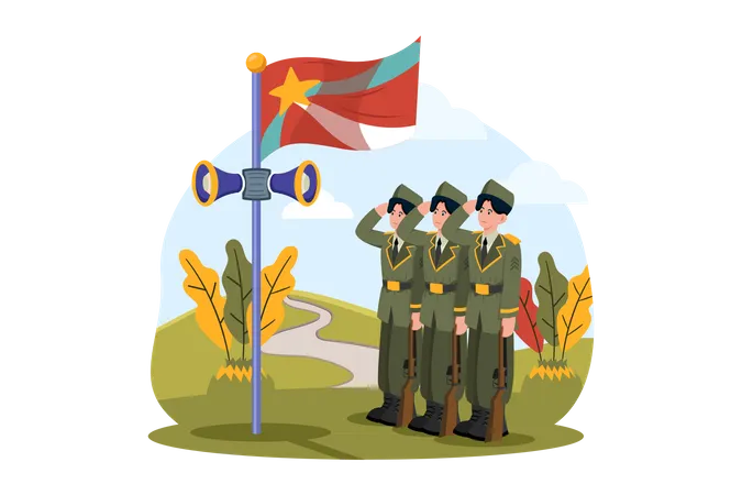 Des membres des forces armées participent aux cérémonies de lever du drapeau  Illustration