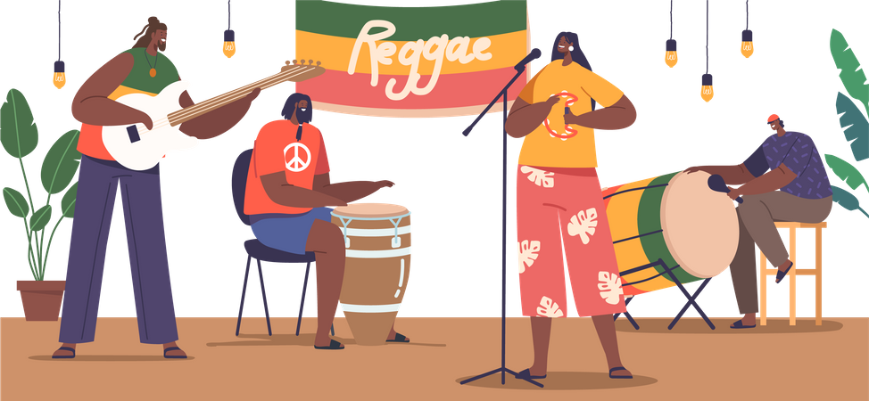 Les musiciens de reggae sur scène dégagent une énergie vibrante  Illustration