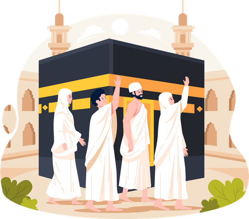 Les musulmans font le Tawaf ou se promènent autour de la Kaaba à La Mecque  Illustration