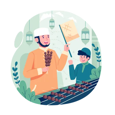 Des musulmans heureux font du satay pendant l'Aïd al-Adha  Illustration