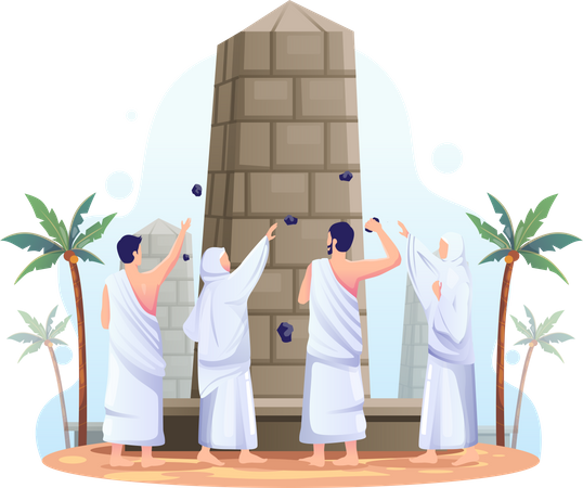 Les musulmans jettent des pierres sur le pilier du diable lors du pèlerinage islamique du hajj  Illustration