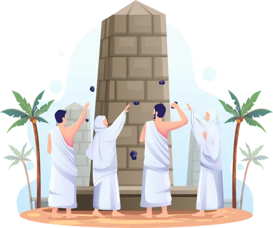 Les musulmans jettent des pierres sur le pilier du diable lors du pèlerinage islamique du hajj  Illustration