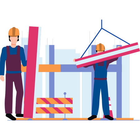 Les travailleurs transportent des poutres en acier pour la construction d'un bâtiment  Illustration