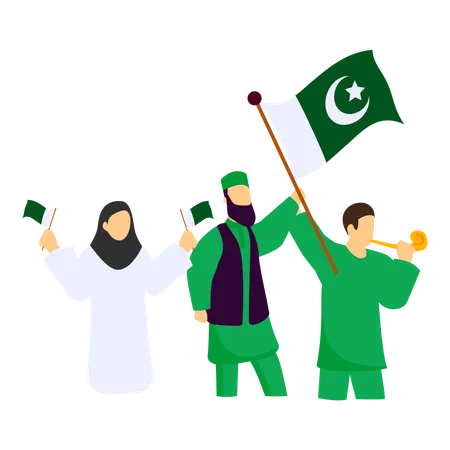 Pakistanais tenant et agitant des drapeaux verts  Illustration