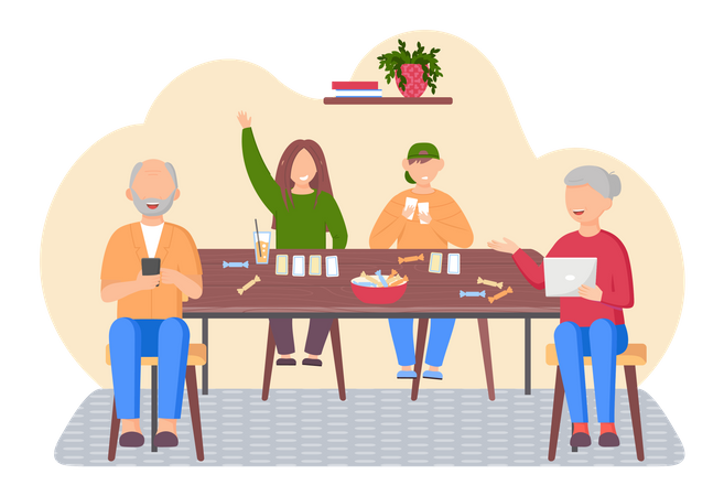 Les parents âgés utilisent la technologie tout en jouant à un jeu de société à la maison avec leurs enfants  Illustration