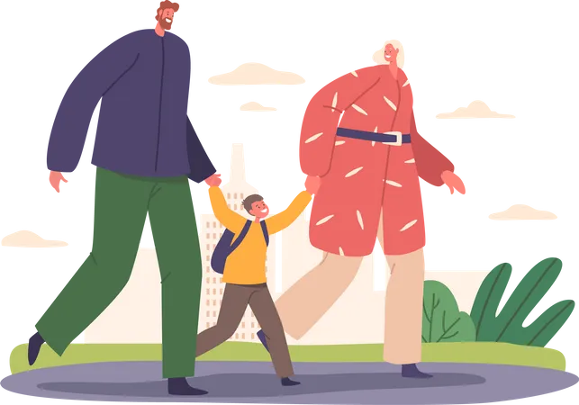 Des parents marchent aux côtés de leur fils d’âge scolaire  Illustration