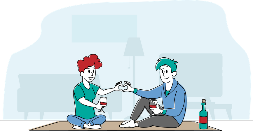 Les personnages de jeunes couples amoureux passent du temps à la maison assis sur le sol ensemble à discuter, boire du vin et faire le cœur des doigts  Illustration