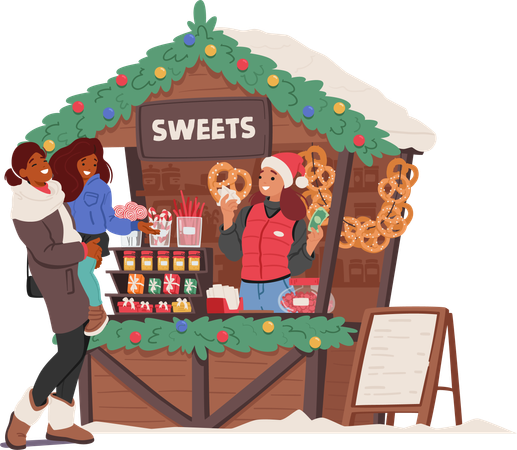 Les personnages de la mère et de la fille se rassemblent au stand de la foire de Noël avec une vendeuse vendant des bonbons  Illustration