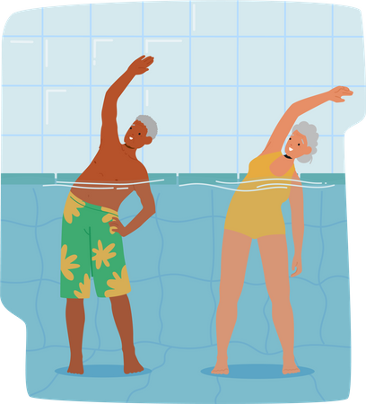Les personnes âgées exercent dans la piscine  Illustration