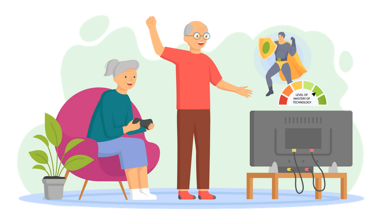 Les personnes âgées jouent à un jeu vidéo  Illustration