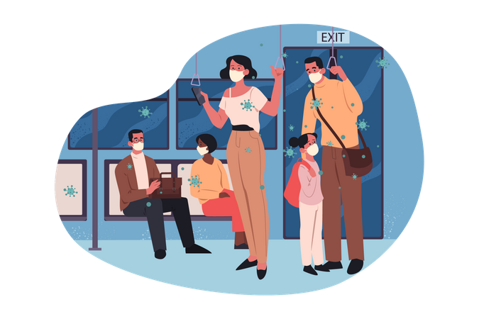 Les gens voyagent dans les transports publics pendant covid  Illustration