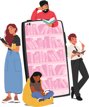 Les petits personnages lecteurs utilisent les services de bibliothèque en ligne depuis leurs appareils à tout moment  Illustration