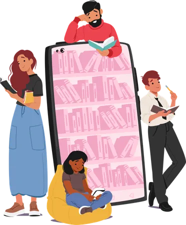 Les petits personnages lecteurs utilisent les services de bibliothèque en ligne depuis leurs appareils à tout moment  Illustration