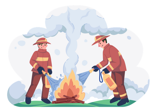 Les pompiers éteignent l'incendie à l'aide d'un extincteur  Illustration