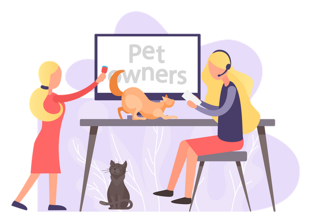Les propriétaires d'animaux regardent un didacticiel sur la façon de garder les animaux à la maison  Illustration
