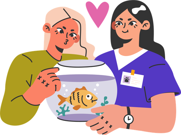 Les propriétaires d'animaux visitent une clinique médicale pour la santé de leurs poissons  Illustration