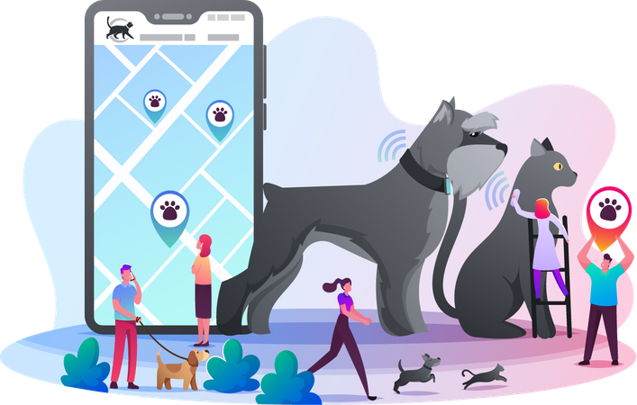 Les propriétaires utilisent des trackers de contrôle GPS pour leurs animaux de compagnie  Illustration