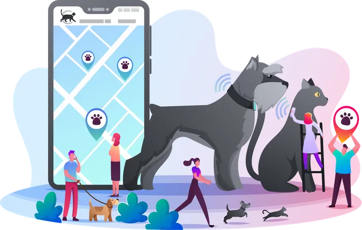 Les propriétaires utilisent des trackers de contrôle GPS pour leurs animaux de compagnie  Illustration