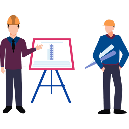 Les travailleurs discutent du plan à bord  Illustration