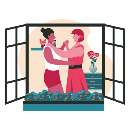 Lesbian couple dancing in house Illustration