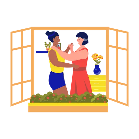 Lesbian couple dancing in house Illustration