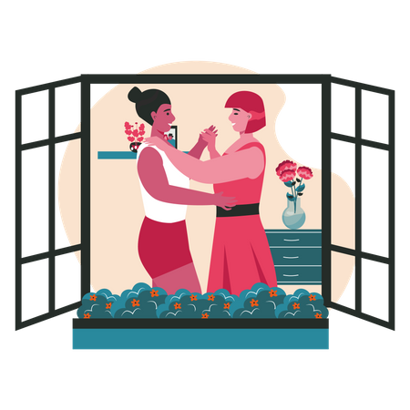 Lesbian couple dancing in house  Illustration