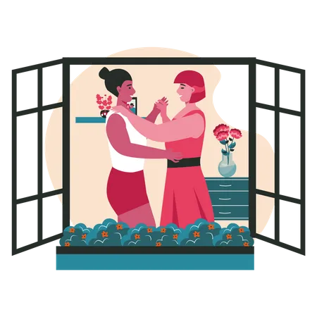 Lesbian couple dancing in house  Illustration