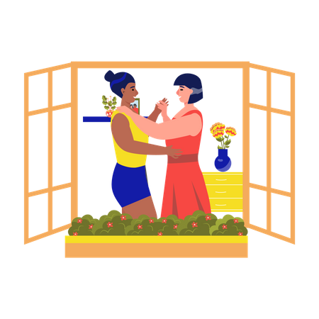 Lesbian couple dancing in house  Illustration