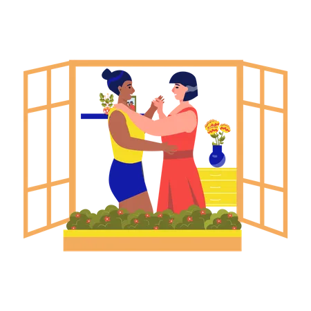 Lesbian couple dancing in house  Illustration