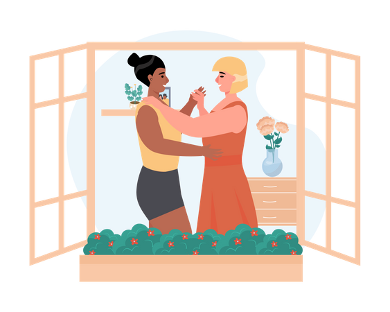 Lesbian couple dancing in house  Illustration