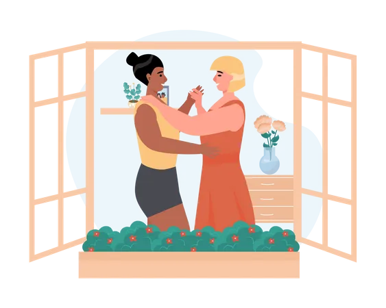 Lesbian couple dancing in house  Illustration