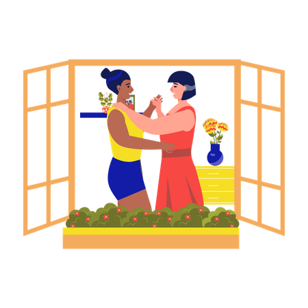 Lesbian couple dancing in house  Illustration