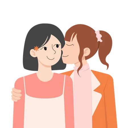 A Sweet Illustration Of A Lesbian Couple With One Woman Kissing The Other On The Cheek Surrounded By Hearts The Woman Receiving The Kiss Has Black Hair With A Flower And The Kisser Has Brown Hair In A Ponytail They Are Dressed In Soft Pastel Colors Expressing A Loving And Tender Moment Illustration