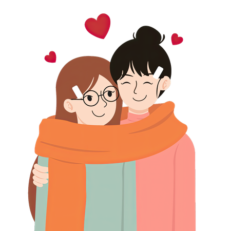 Lesbian couple embracing with hearts  Illustration