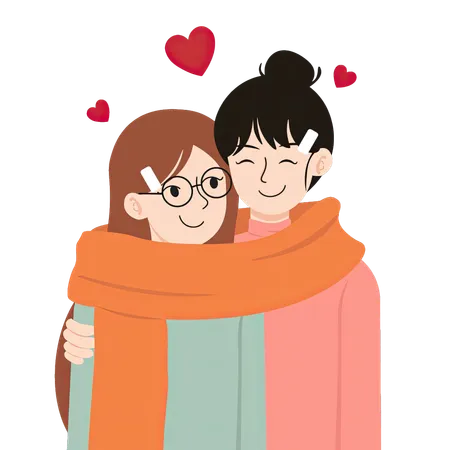 A Colorful Illustration Of A Lesbian Couple Embracing With Hearts Around Them Depicting Love And Affection One Woman With Glasses And Long Brown Hair The Other With A Bun And An Orange Scarf Both Are Smiling And Happy Showcasing A Warm Affectionate Moment Illustration