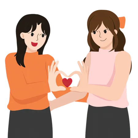 A Lovely Illustration Of A Lesbian Couple Forming A Heart With Their Hands Surrounded By Floating Hearts Both Women Are Smiling And Facing Each Other Symbolizing Their Love And Connection イラスト