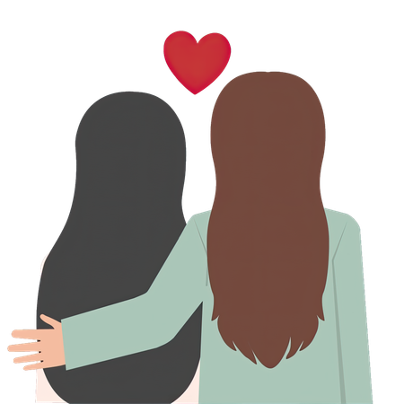 Lesbian couple from behind with hearts  Illustration