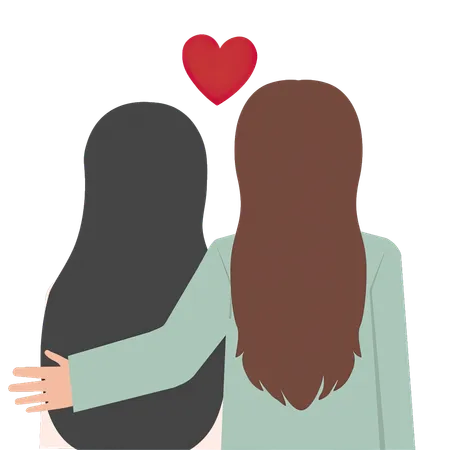 A Unique Illustration Of A Lesbian Couple From Behind With Hearts Above Them One Woman Has Long Black Hair And The Other Has Long Brown Hair They Are Shown In A Close Embrace Symbolizing Support And Unity In Their Relationship Illustration