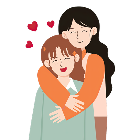 Lesbian couple hugging with hearts  Illustration
